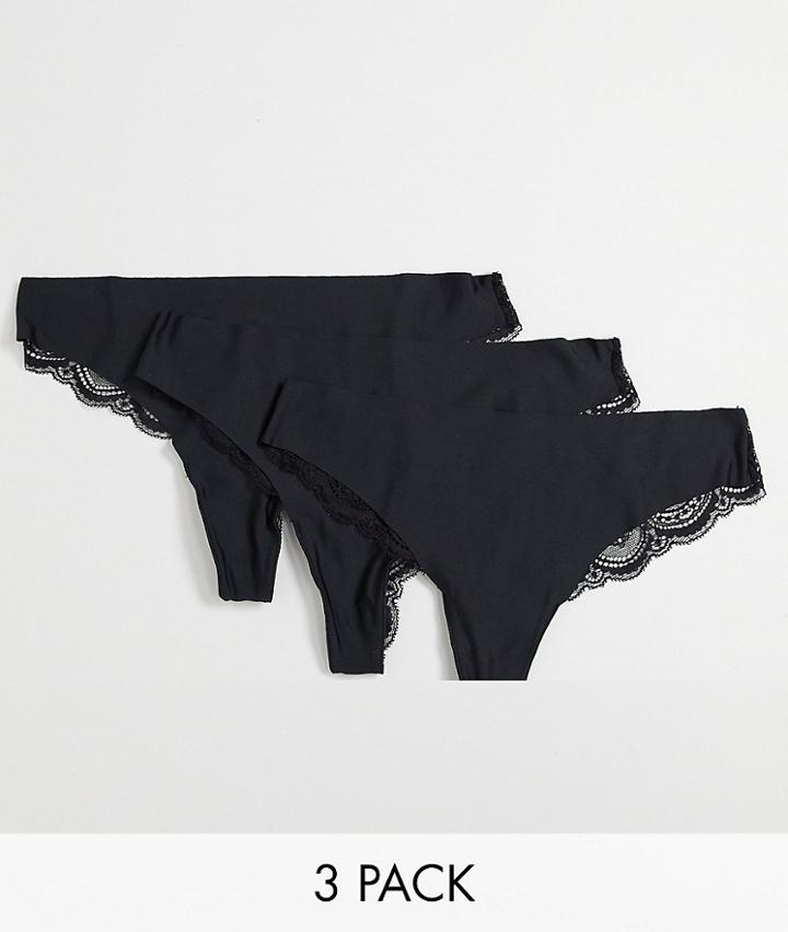 Asos Design 3 Pack Knicker In No Vpl & Lace-black