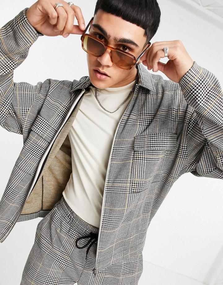 Asos Design Smart Set Jersey Coach Jacket In All Over Check-grey