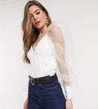 Asos Design Tall Crop Top With Organza Sleeve And V Bar Detail In Ivory-no Color