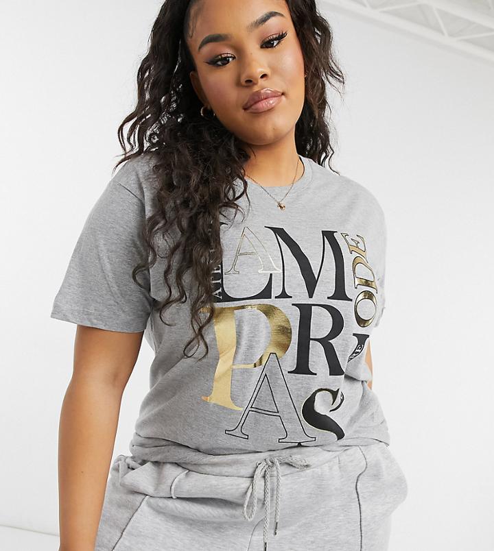River Island Plus Paris Slogan T-shirt In Gray-white