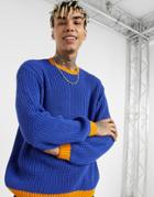 Asos Design Knitted Oversized Ribbed Sweater In Blue With Contrast Trims-blues