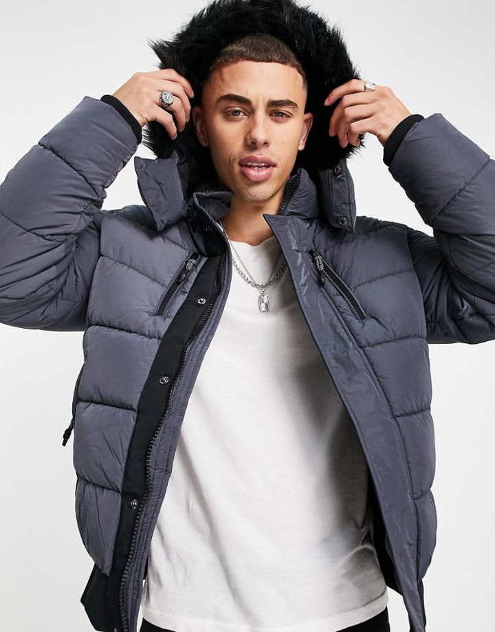 River Island Puffer Jacket In Gray-grey