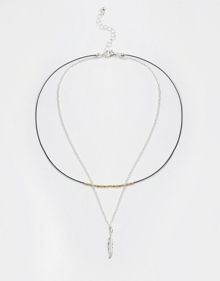 Asos Multirow Cord & Leaf Choker Necklace - Silver