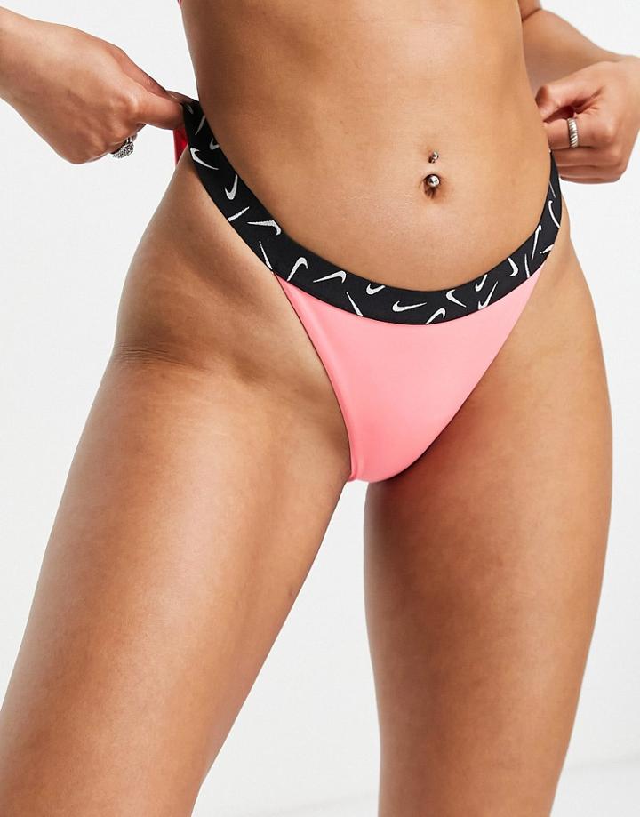 Nike Swimming Swoosh Taped Bikini Bottoms In Pink