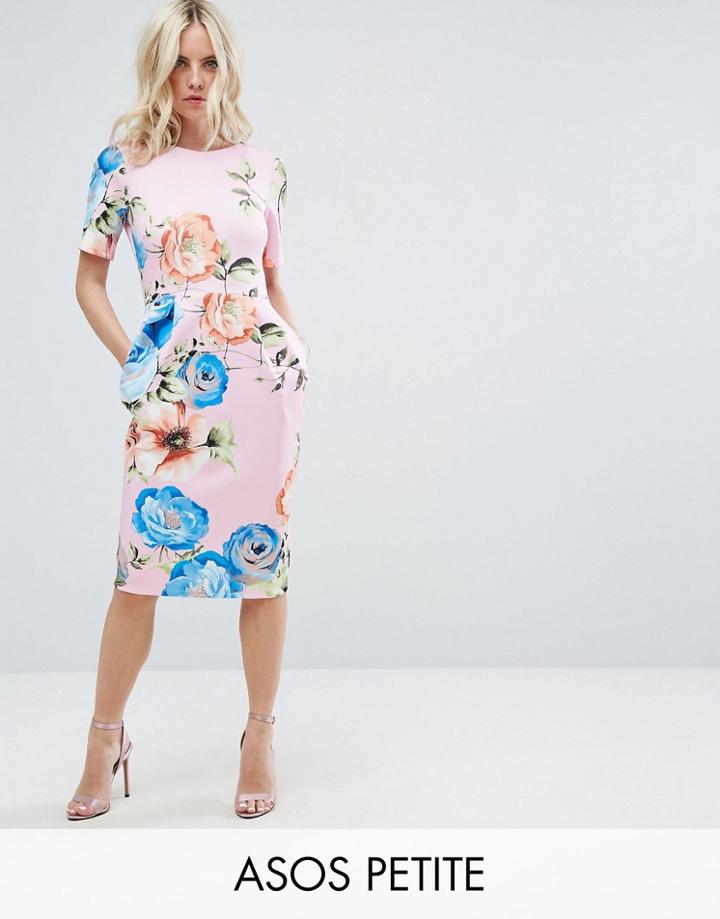 Asos Petite Midi Wiggle Dress In Pink Floral Print - Multi