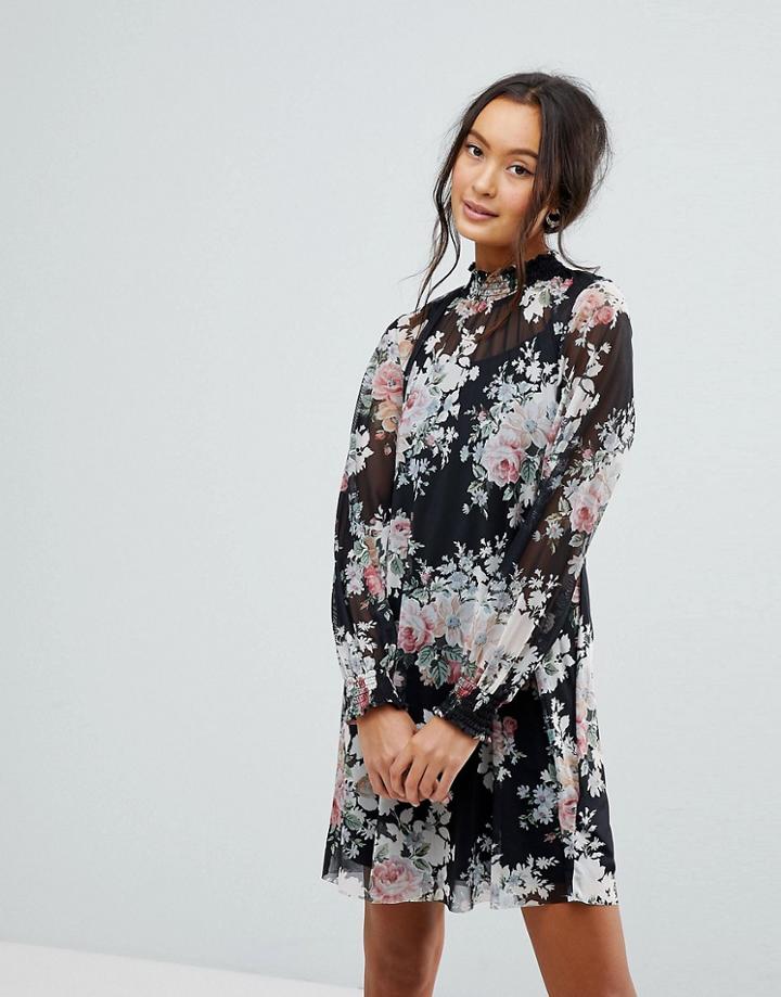 New Look Printed High Neck Long Sleeve Dress - Black