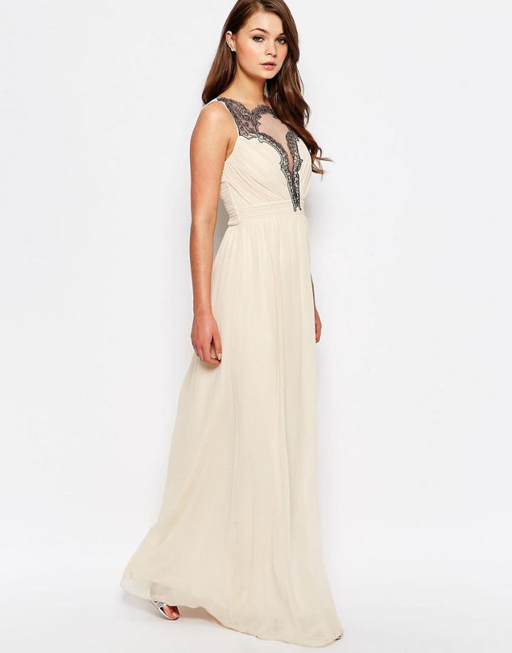 Little Mistress Chiffon Mesh Insert Maxi Dress - Cream