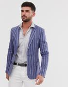 Asos Design Skinny Linen Blazer In Blue Stripe - Blue