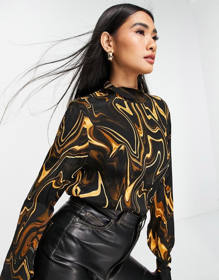 Mango Retro Print Flared Long Sleeved Top In Black - Part Of A Set