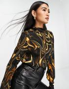 Mango Retro Print Flared Long Sleeved Top In Black - Part Of A Set