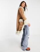 Asos Design Suede Midi Coat With Fur Trim In Tan-brown