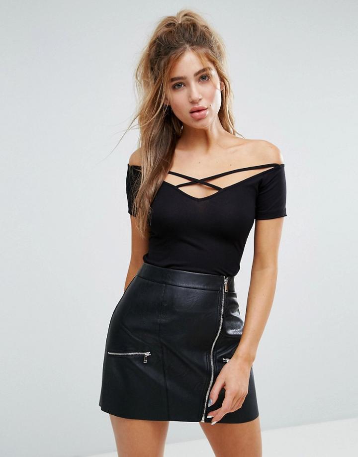 Asos Off Shoulder Top With Caging Detail - Black