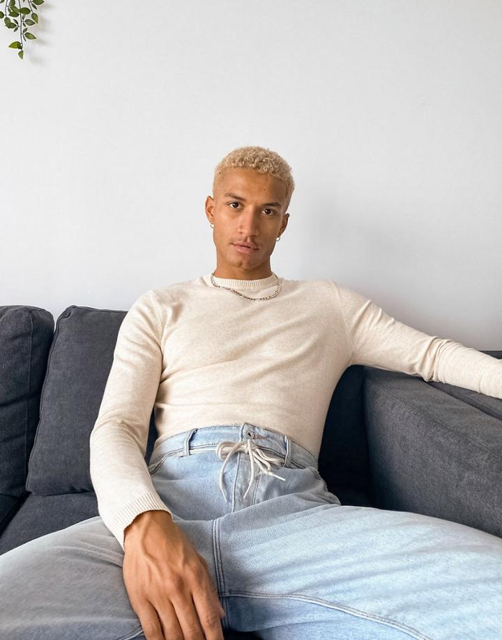 Asos Design Cotton Sweater In Oatmeal-neutral