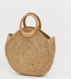 Accessorize Straw Circular Tote Bag With Wood Effect Handle - Beige