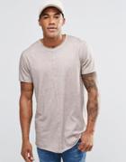 Asos Longline T-shirt With Raw Edge Curved Hem And Oil Wash In Mink - Mink