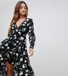 Boohoo Exclusive Ruffle Wrap Midi Dress In Floral - Multi