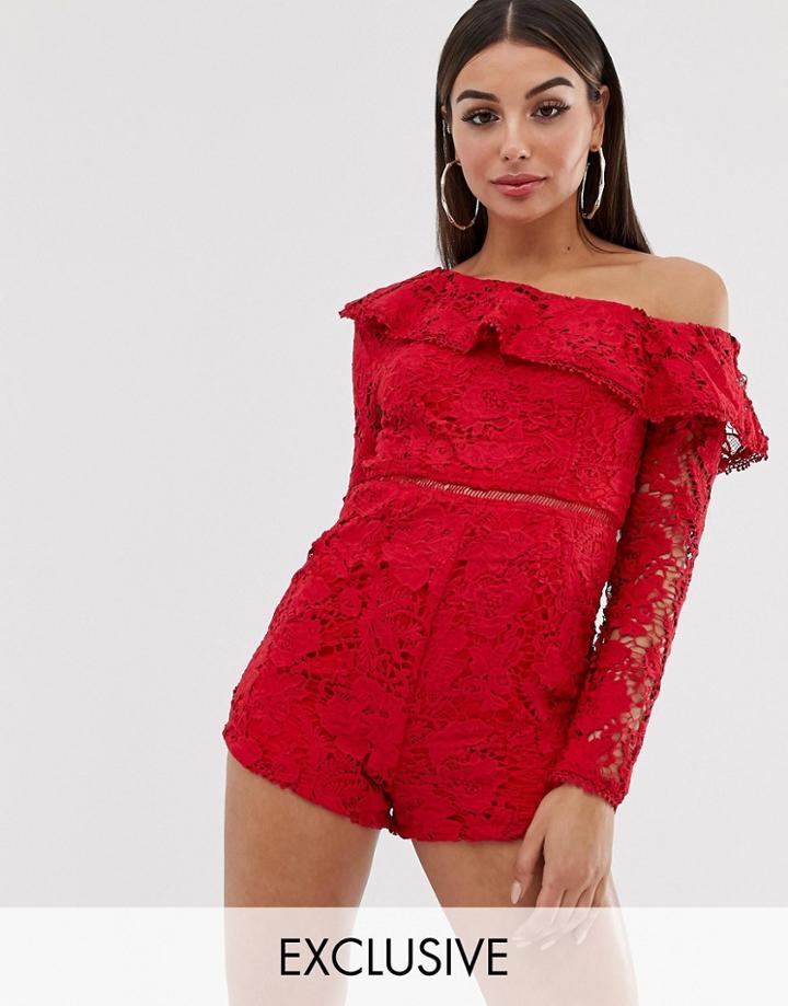 Missguided Lace Romper With One Shoulder In Red