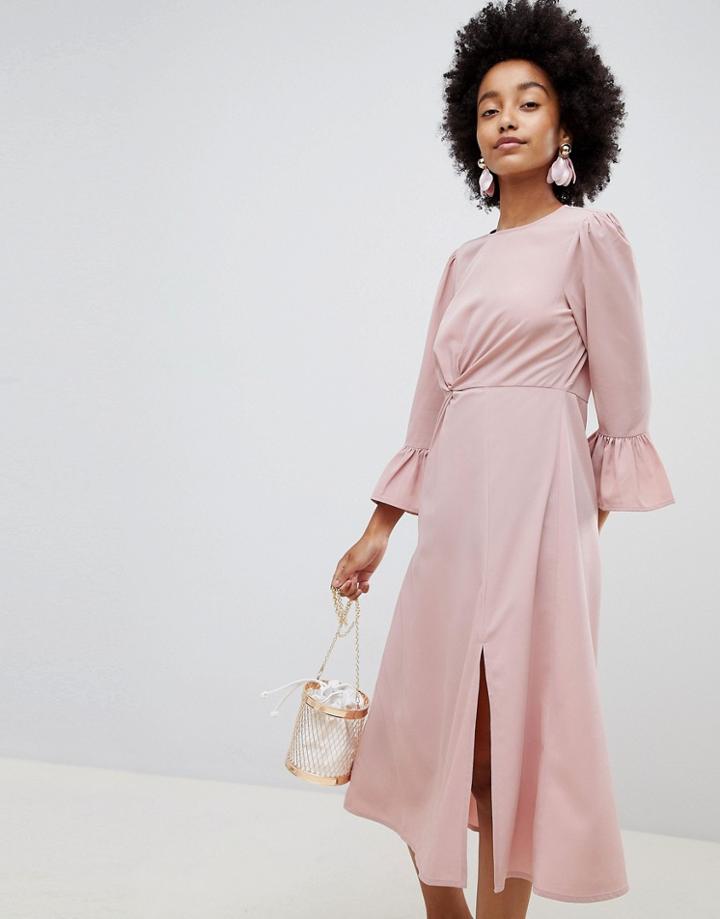 Asos Design Fluted Sleeve Midi Dress With Knot Front - Pink