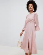 Asos Design Fluted Sleeve Midi Dress With Knot Front - Pink