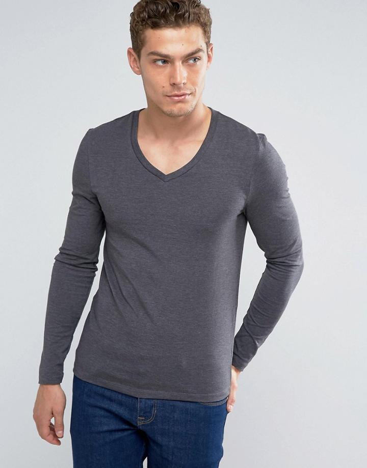 Asos Extreme Muscle Long Sleeve T-shirt With V Neck - Gray