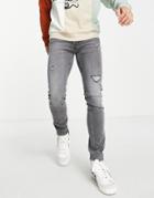 Jack & Jones Intelligence Liam Skinny Fit Jeans In Gray With Rips-black