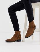 Asos Design Stacked Heel Western Chelsea Boots In Tan Suede With Buckle Detail - Tan