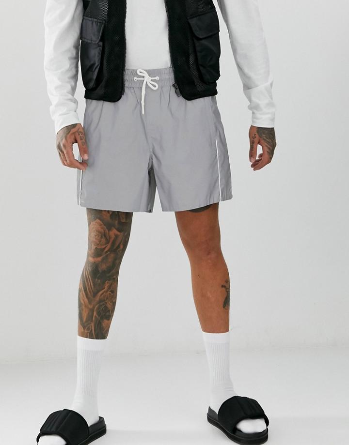 Asos Design Slim Shorts In Iridescent Reflective Fabric With Piping - Silver