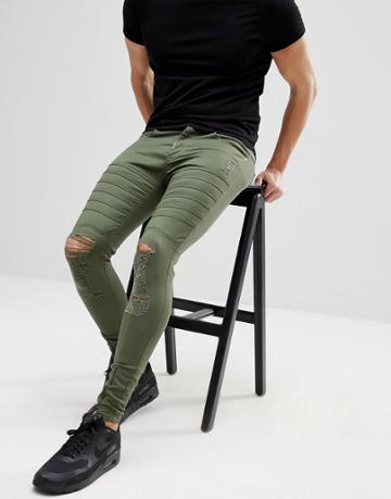 Ascend Denim Super Skinny Muscle Fit Jeans In Ripped Biker - Green