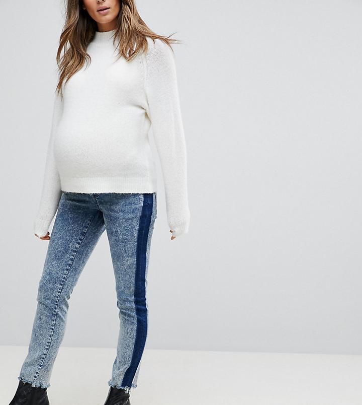 Asos Design Maternity Shrunken Boyfriend Jeans With Tonal Side Stripe And Under The Bump Waistband-blue