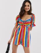 Asos Design Romper With Puff Sleeve And Tie Detail In Rainbow Stripe - Multi