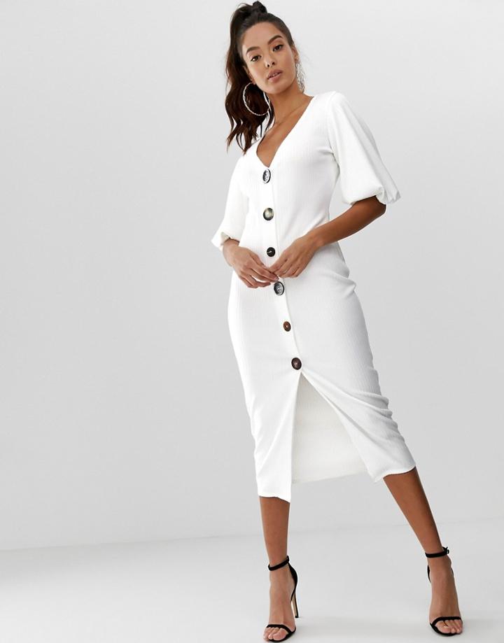 Asos Design Slinky Rib Button Through Midi Dress With Puff Sleeve - White