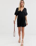 Asos Design V Front V Back Smock Mini Dress With Pep Hem - Black
