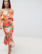 Asos Design Floral Ruffle Cold Shoulder Asymmetric Pephem Midi Dress - Multi