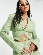 Bershka Linen Cropped Blazer With Wrap Around Tie Set In Khaki-green