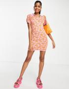 Asos Design Knit Mini Dress With Collar In Floral Pattern-pink