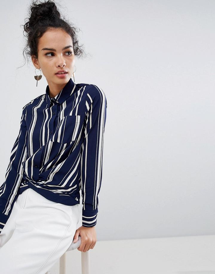 Qed London Striped Twist Hem Shirt - Navy