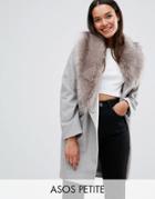 Asos Petite Wool Blend Coat With Asymmetric Detachable Fur Collar - Gray