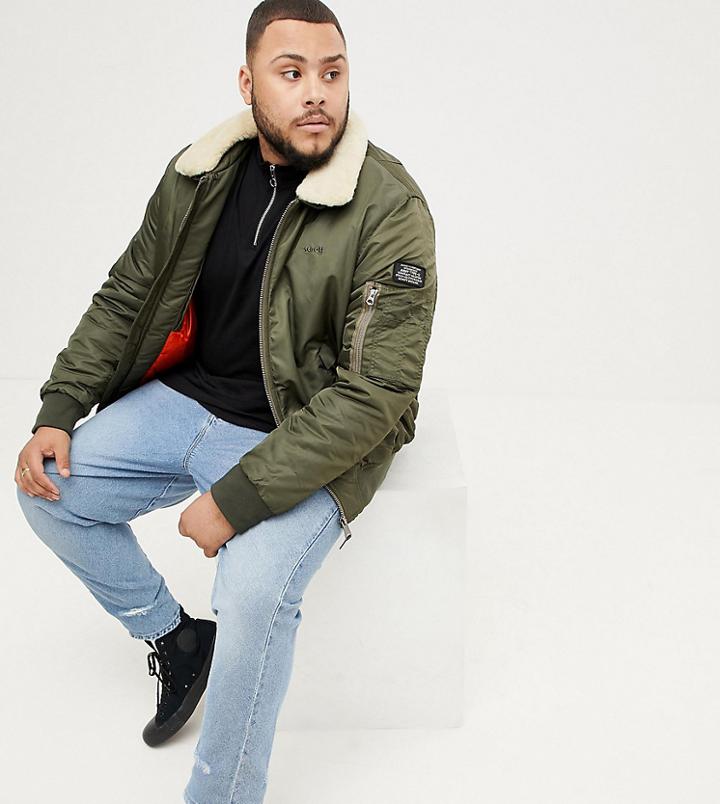 Schott Pilote Nylon Bomber Jacket With Detachable Faux Fur Collar In Green And Beige
