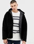 Asos Design Reversible Faux Shearling Jacket With Hood In Black