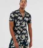 Asos Design Two-piece Slim Fit Shirt With Floral In Black - Black