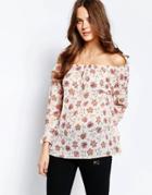 Ichi Carina Floral Print 3/4 Sleeve Top - Cloud Dancer