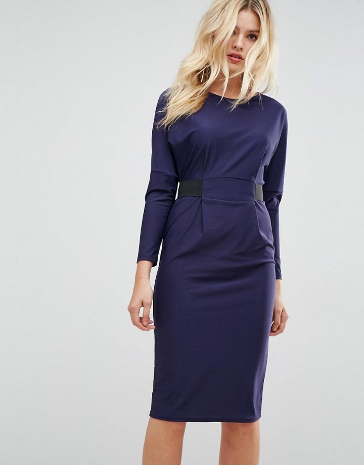 Asos Midi Dress With Elastic Waist Detail - Navy