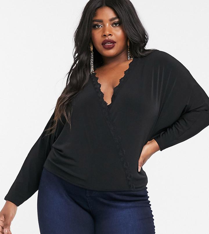 Asos Design Curve Batwing Wrap Top With Lace Trim In Black
