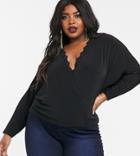 Asos Design Curve Batwing Wrap Top With Lace Trim In Black