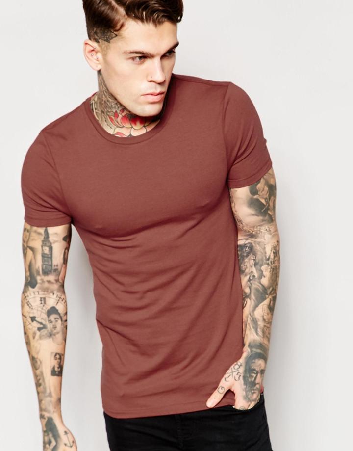 Asos Extreme Muscle T-shirt With Crew Neck And Stretch - Hot Cinder