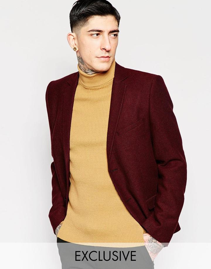 Heart & Dagger Herringbone Blazer In Super Skinny Fit - Burgundy