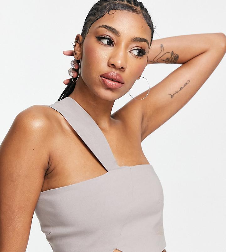 Vesper Tall One Shoulder Strap Detail Crop Top In Taupe - Part Of A Set-gray