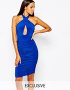 Club L Slinky Wrap Front Dress With Halterneck - Cobalt Blue
