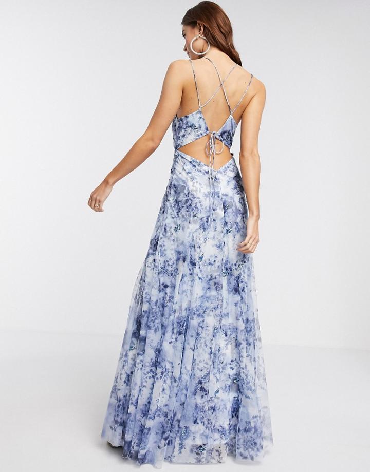 Asos Design Floral Sequin Embellished Strappy Back Maxi Dress In Blue-blues
