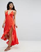 Asos Beach Tiered Dress With Hi Low Detail - Red